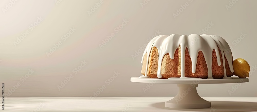 Poster Lemon bundt cake drizzled with powdered sugar glaze on a cake stand. Copy space image. Place for adding text or design