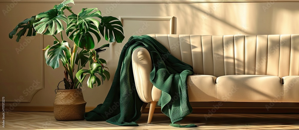 Poster green plant in black pot next to beige couch with emerald green blanket. copy space image. place for