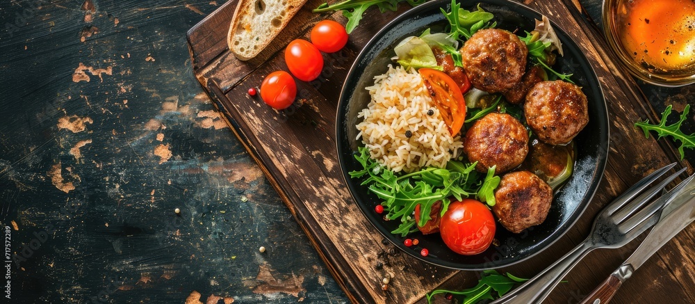Aufkleber grilled meatball with salad bulgur pilaf and thin bread. Copy space image. Place for adding text or design