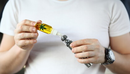 Refill hemp oil from bottle electronic cigarette. Strong effect on human body. Determine quality...