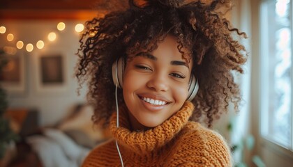 Young african american woman enjoying music in her cozy living room, wearing headphones and dancing with a carefree and joyful expression, capturing the essence of a relaxed and stylish lifestyle. - obrazy, fototapety, plakaty