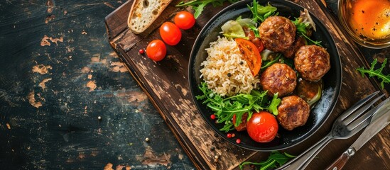 grilled meatball with salad bulgur pilaf and thin bread. Copy space image. Place for adding text or design