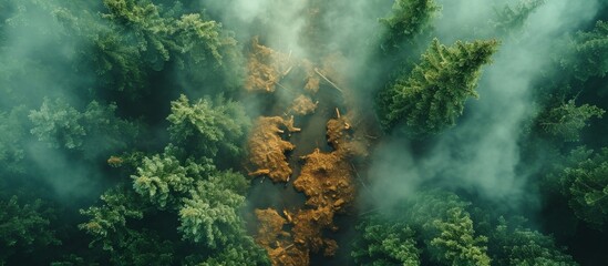 A stunning blend of logs, trees, and smoke rises above the green forest.