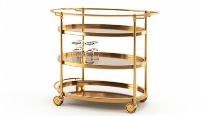 Bar cart, brushed gold, tiered, 3d, isolated white background, clean simple,