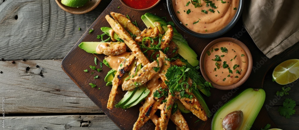 Aufkleber Homemade Breaded Fried Avocado Fries with Chipotle Sauce. Copy space image. Place for adding text or design