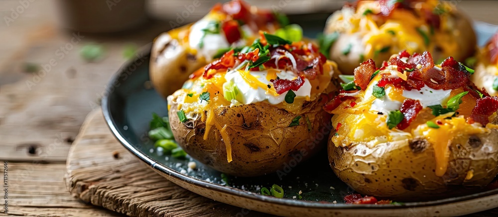 Aufkleber Homemade Loaded Baked Potatoes with Bacon Cheddar and Sour Cream. Copy space image. Place for adding text or design