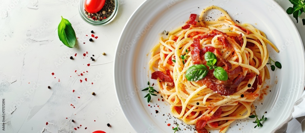 Poster Homemade Stir Fried Spaghetti With Dried Chili And Bacon. Copy space image. Place for adding text or design