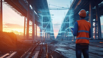 Working on holographic digital blueprint tablet at construction, Generative AI