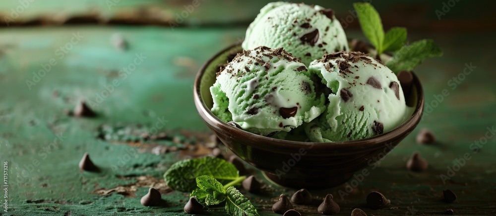 Poster organic green mint chocolate chip ice cream. copy space image. place for adding text or design