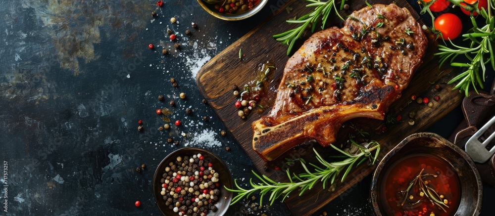 Poster Grilled ribeye beef steak with herbs and spices Flat lay with copy space. Copy space image. Place for adding text or design