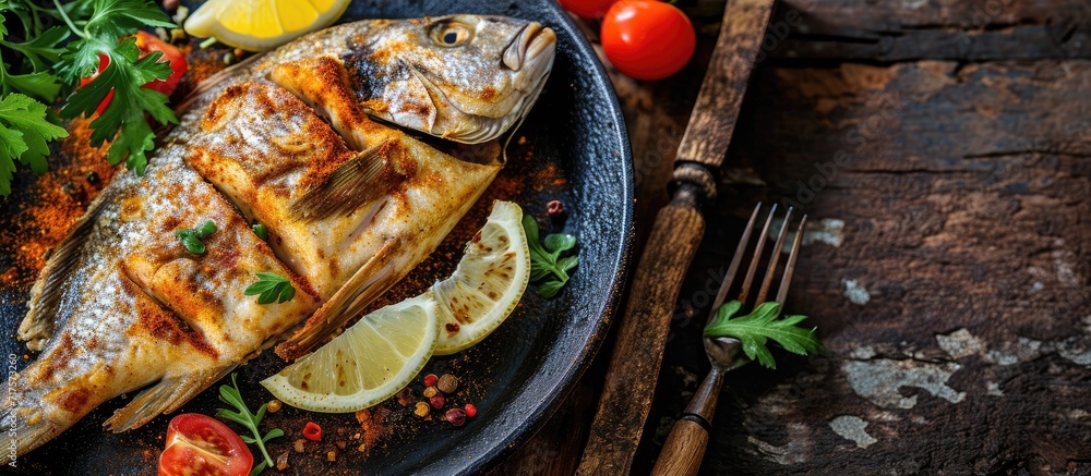 Poster Grilled tilapia fish with a delicious blend of spices delicious to eat alone or with family. Copy space image. Place for adding text or design