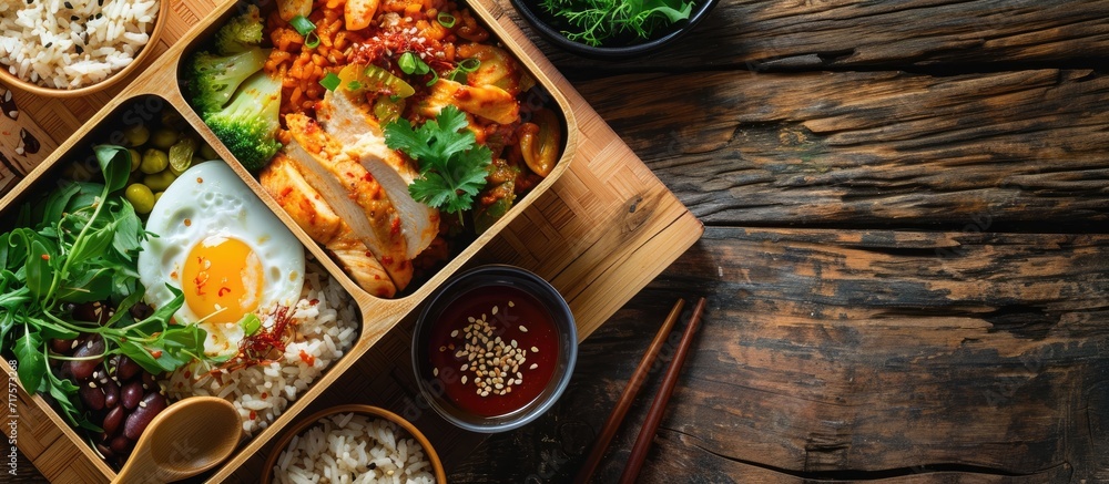 Poster japanese bento lunch box with sesame crusted chicken edamame beans egg and spicy rice. copy space im
