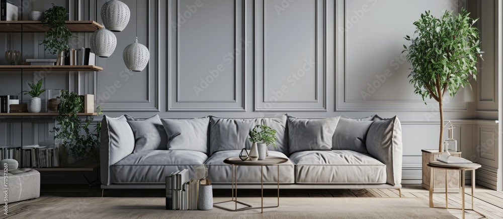 Sticker Living room with grey sofa decorative pillows and bookshelf. Copy space image. Place for adding text or design