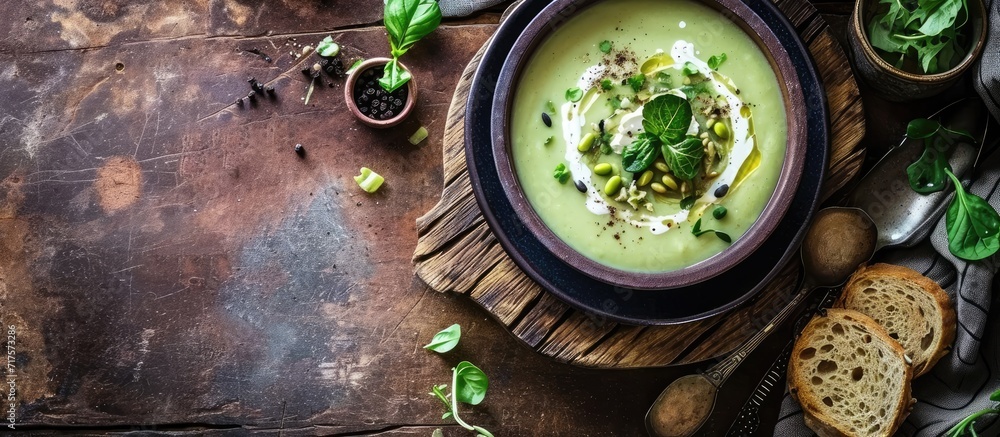 Poster Kohlrabi cream soup with fried broad beans A healthy vegetarian meal. Copy space image. Place for adding text or design