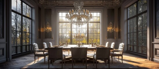 Front view of stylish and light dining room with big windows and crystal chandelier in center of ceiling Luxury interior of big room with wooden table in center and armchairs around. Copy space image