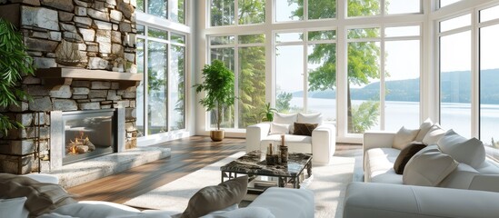 large open living room with lake view floor to ceiling windows view granite fireplace white furnishings hardwood floor and white area rug. Copy space image. Place for adding text or design - obrazy, fototapety, plakaty