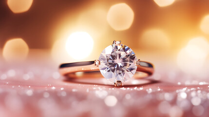 Ein Verlobungsring in Roségold mit einem großen Diamanten, Bokeh Hintergrund  