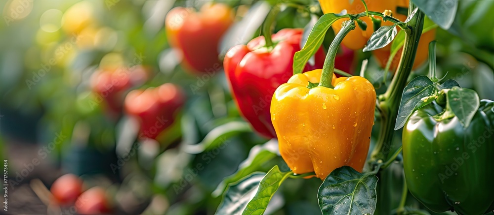 Poster growing sweet peppers in a greenhouse close up fresh juicy red and yellow peppers on the branches cl