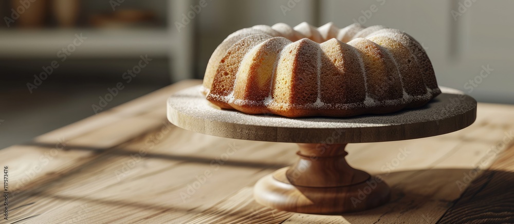 Poster Lemon bundt cake drizzled with powdered sugar glaze on a cake stand. Copy space image. Place for adding text or design