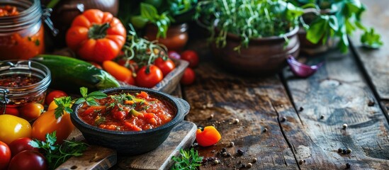 Jars for the winter Tomato roasted red pepper and eggplant paste with spices Organic and homemade healthy canned food. Copy space image. Place for adding text or design