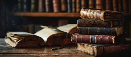 Open book on a stack of antique books in a dark library. Copy space image. Place for adding text or design