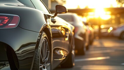black cars parked in a parking lot near sunset or sunrise, in the style of close-up intensity, light silver and light gold,