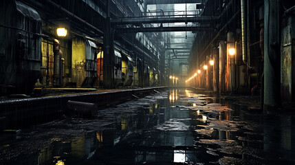 heavy rain at an abandoned factory sheets of rain - obrazy, fototapety, plakaty