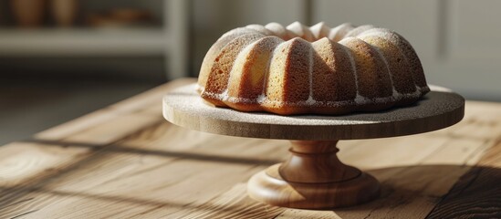Lemon bundt cake drizzled with powdered sugar glaze on a cake stand. Copy space image. Place for adding text or design - obrazy, fototapety, plakaty