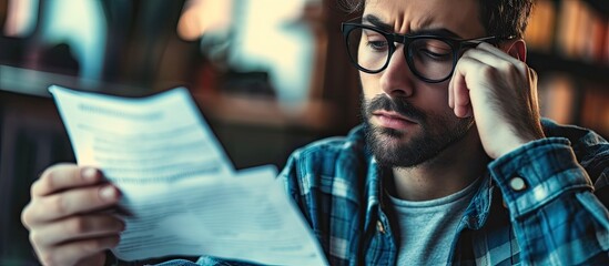 Frustrated young man in eyewear holding paper correspondence in hands feeling stressed of getting bad news having unexpected financial problem getting bank loan rejection or eviction letter