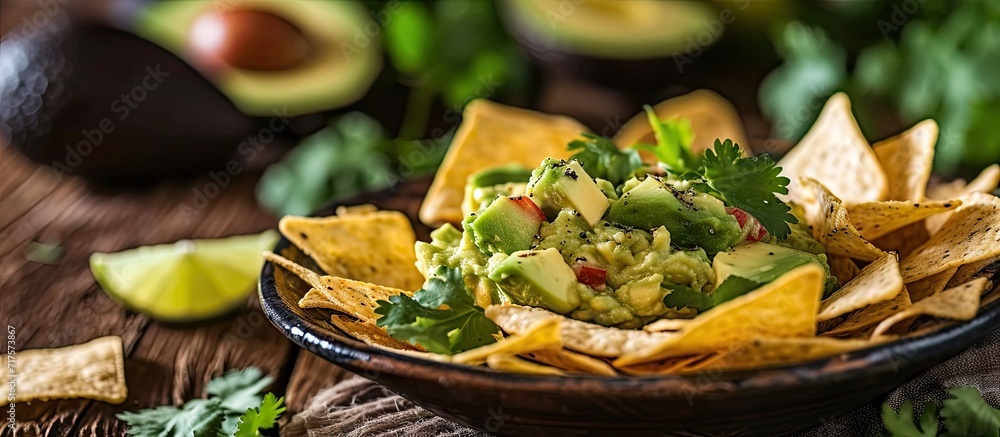 Poster guacamole avocado mash dip with tortilla chips and fresh avocados. copy space image. place for addin