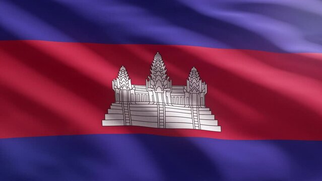 Waving the Banner of the Southeast Asian Combodia country. Wind waving the state ensign banner of the Kingdom of Cambodia. Waving national banner of Cambodia with a temple in red and blue background.