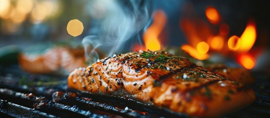 One grilled salmon fish steak barbecue meal cooking prepared on bbq grill close up. Copy space image. Place for adding text or design
