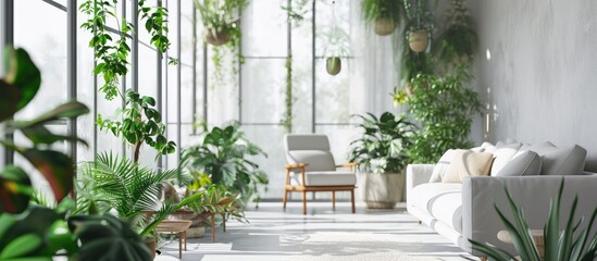 Modern and multifunctional flat apartment with plants. Copy space image. Place for adding text or design