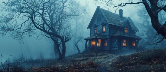 Haunted house in night forest Old abandoned house and burning yellow monster eyes and mysterious landscape of foggy forest Scary colonial cottage in mysterious forestland Photo toned in blue co