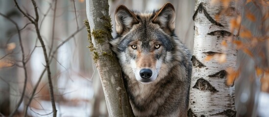Grey Wolf Canis lupus Looks Between Two Birch Trees captive animal. Copy space image. Place for adding text or design