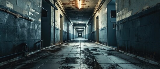 Large corridors of old Soviet military bunker echo of cold war. Copy space image. Place for adding text or design - obrazy, fototapety, plakaty