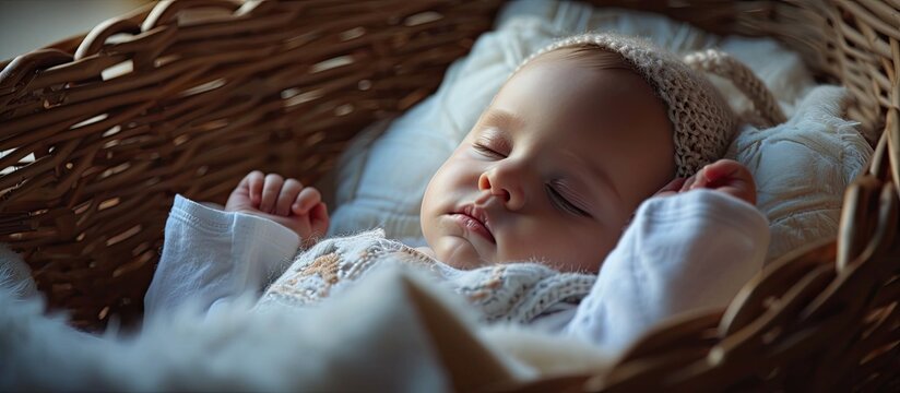 Newborn baby dressed in white clothes sleeps in the cradle. Copy space image. Place for adding text or design