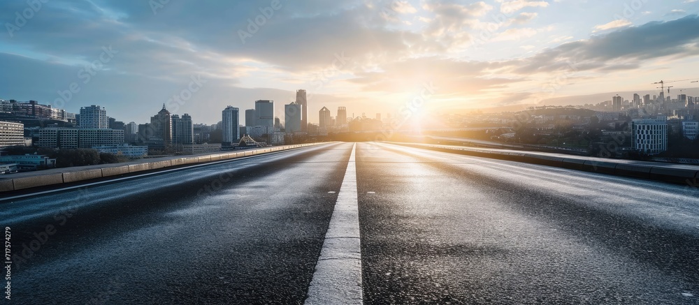 Poster Panoramic skyline and buildings with empty road. Copy space image. Place for adding text or design