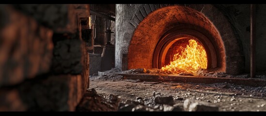 Long tubular rotary furnace for lime and clinker roasting. Copy space image. Place for adding text or design - obrazy, fototapety, plakaty