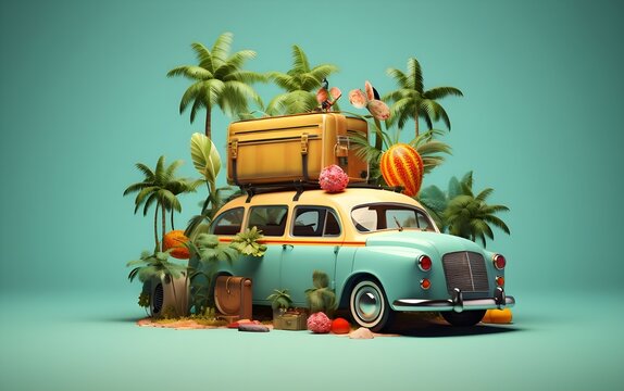 3d illustration cartoon travel car with luggage to summer beach