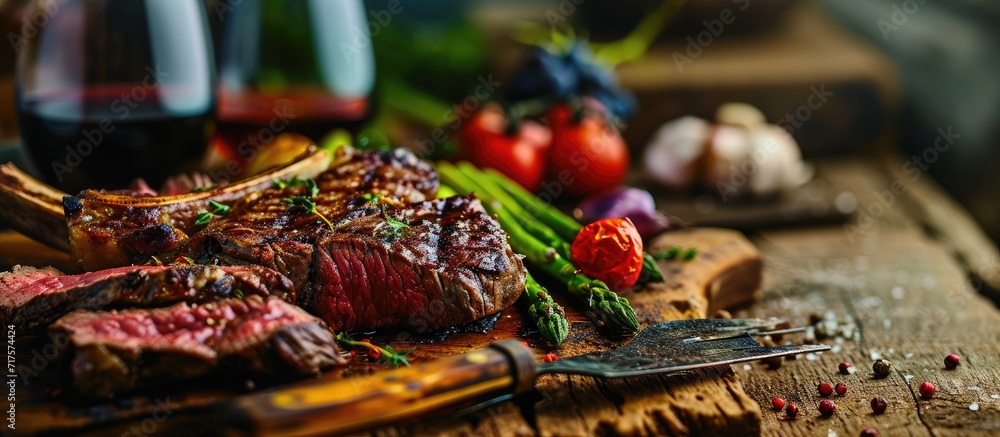 Aufkleber Medium rare grilled Tomahawk beef steak with asparagus and red wine. Copy space image. Place for adding text or design