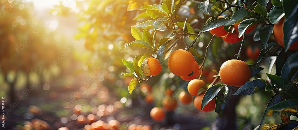 Poster Grapefruits on the tree Ripe fruits growing on the plantation. Copy space image. Place for adding text or design