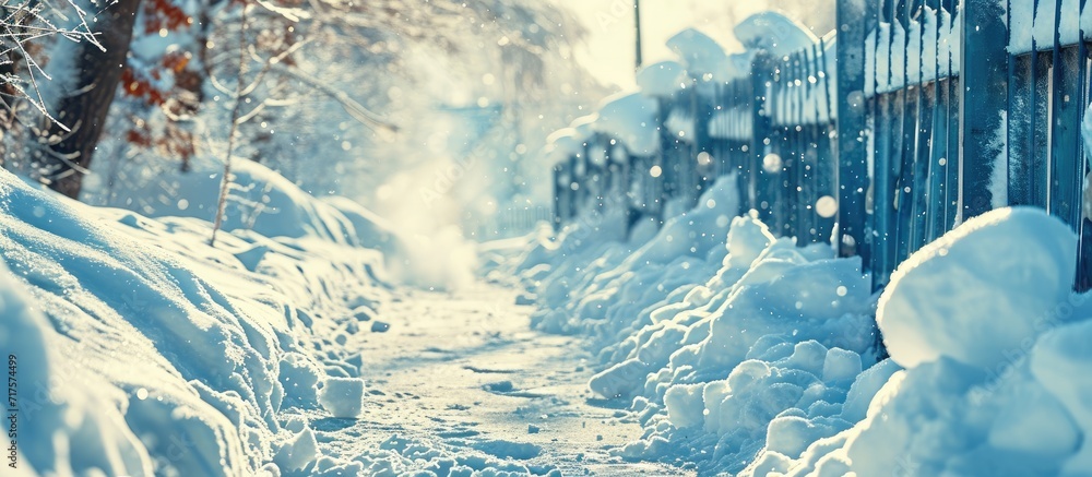 Poster Man removing snow from sidewalk after heavy snowfall Snowstorm and blizzard aftermath in winter Slippery walkaway prevention. Copy space image. Place for adding text or design