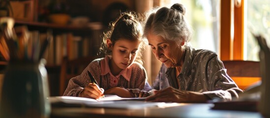 grandmother teaching granddaughter and helping her with homework at home. Copy space image. Place for adding text or design - obrazy, fototapety, plakaty