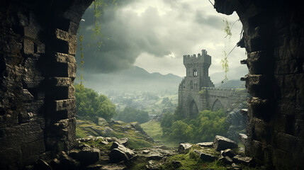 medieval castle tower peering out from a castle tower - obrazy, fototapety, plakaty