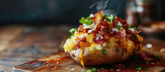 Hot baked potato topped with bacon green onions and cheddar cheese. Copy space image. Place for adding text or design - obrazy, fototapety, plakaty