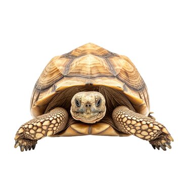 African spurred tortoise in natural pose isolated on white background, photo realistic