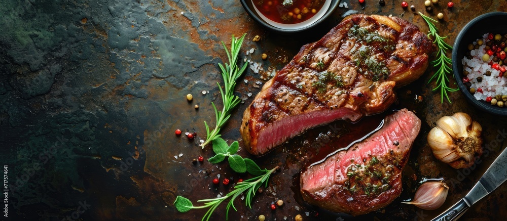 Poster Grilled ribeye beef steak with herbs and spices Flat lay with copy space. Copy space image. Place for adding text or design
