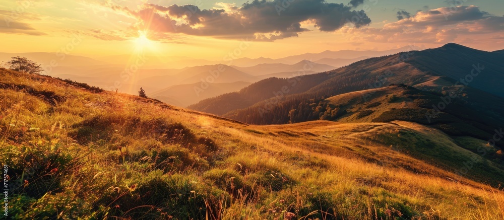 Poster mountain field during sunset beautiful natural landscape. copy space image. place for adding text or