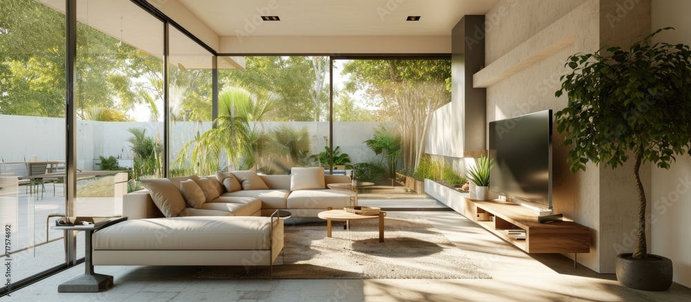 Leinwandbilder living room with a corner sofa in front of a large tv and access to a cozy backyard in a modern hous